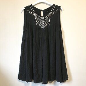 Black Rayon Bohemian Sleeveless Smock Dress Top With White Embroidery